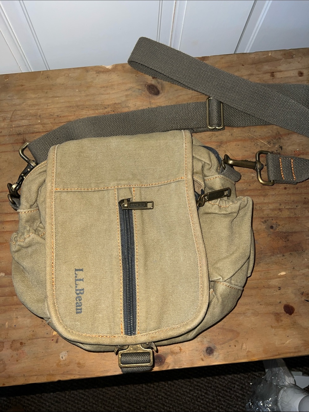 L.L. Bean Khaki Canvas Messenger Bag with Gray Strap